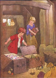 Beim Öffnen der Truhen fanden sie sie voller wunderbarer Edelsteine, Juwelen und Diamanten, aus Hänsel und Gretel, veröffentlicht von Blackie & Son Limited, ca. 1940